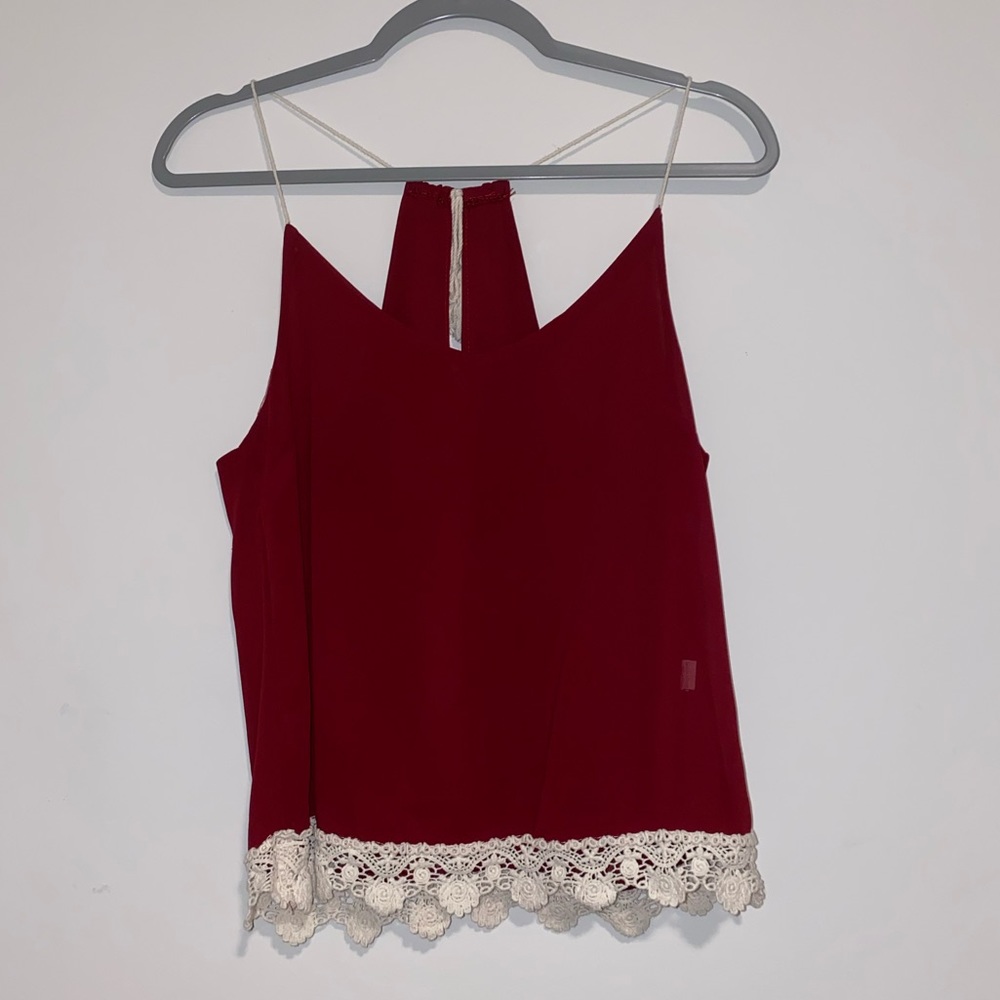 sheer red top with lace detail